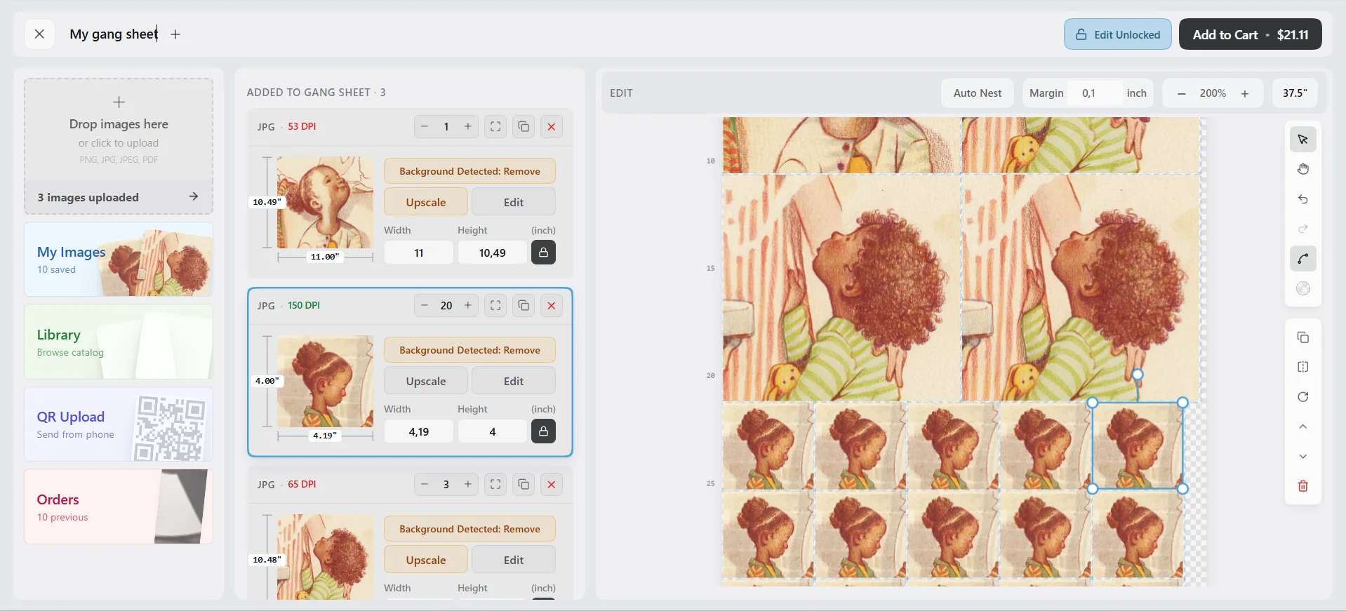 Gang Sheet Builder — drag-and-drop canvas with live pricing