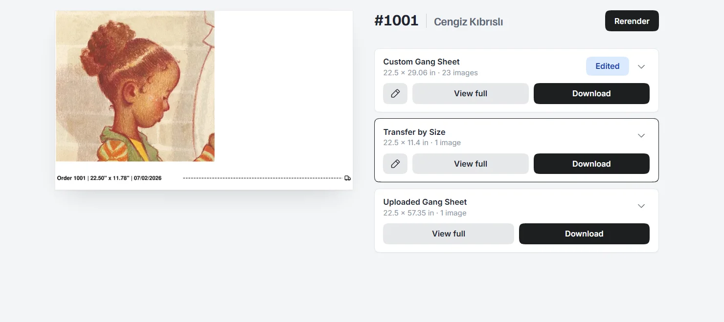 Order viewer — sheets named by flow with View, Download, and re-edit actions