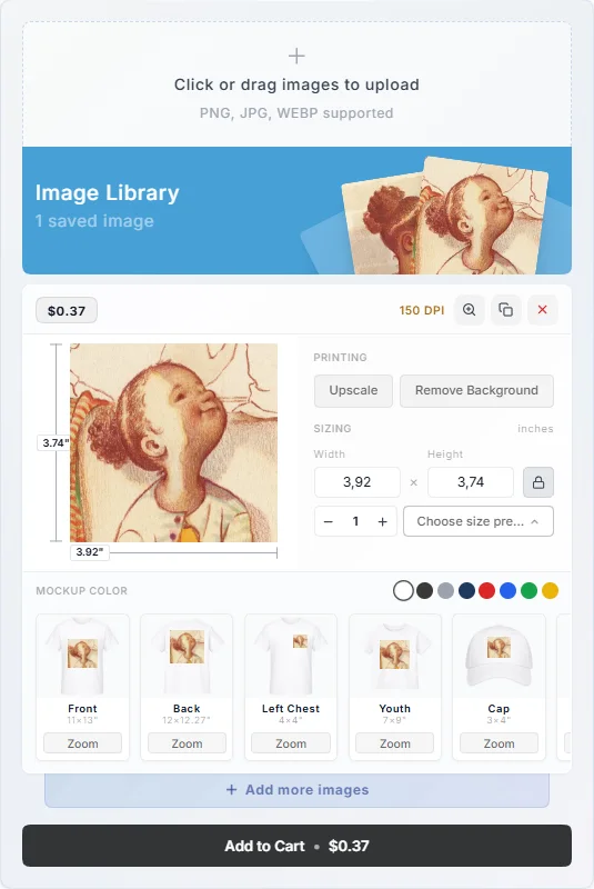 Transfer by Size widget — size presets, mockups, and live price