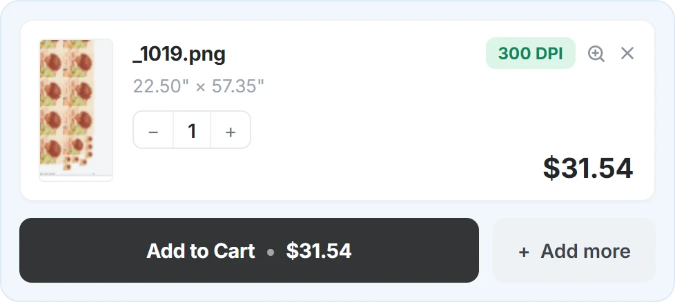 Upload Gang Sheet widget — an uploaded sheet priced and ready for the cart